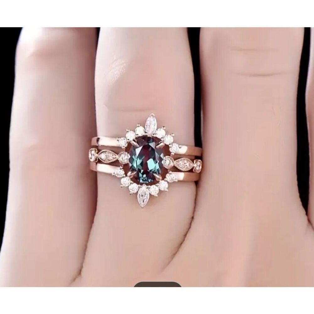 3 PC Alexandrite Engagement Ring Set Wedding Rose Gold Fashion Metal Unknown 7 - Picture 4 of 4